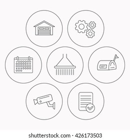 Mailbox, video monitoring and garage icons. Shower linear sign. Check file, calendar and cogwheel icons. Vector