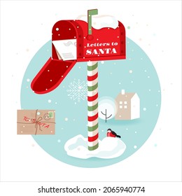 Mailbox with wish list letters from children for Santa Claus. Classic decorative Christmas red post box on stick, envelopes, winter snowy landscape, cute robin bird. Vector illustration in round frame