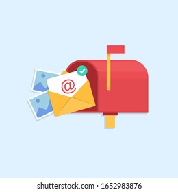 
Mailbox and yellow envelope with a letter inside. Incoming email. Receive messages. I get a new letter. Incoming message. Modern illustration in a flat style for applications and websites.10 eps.