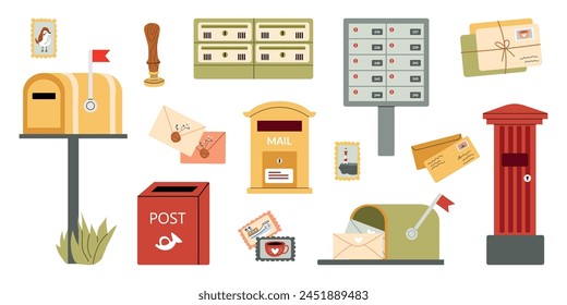 Mailboxes cute set. Different mailboxes, mail envelope. Postal mailing letterbox hanged on wall or pillar for delivery mailed letter.Vector illustration in hand drawn style. Message, communication.