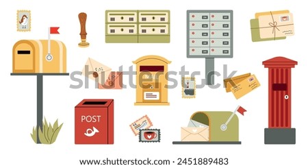 Mailboxes cute set. Different mailboxes, mail envelope. Postal mailing letterbox hanged on wall or pillar for delivery mailed letter.Vector illustration in hand drawn style. Message, communication.