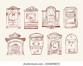 Caixas de correio esboço, Postal vintage letterboxes definido. Caixas postais diferentes, e-mail. Conceito de serviço postal e comunicação. Desenhado à mão ilustração vetorial moderna isolada no fundo 