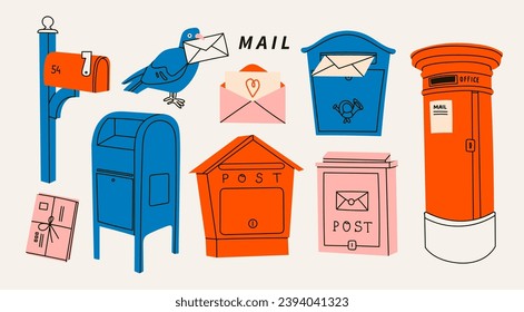 Mailboxes, Postal letterboxes set. Different postboxes, envelope with mail, pigeon, postcard. Hand drawn modern Vector illustration. Isolated design elements. Delivery, message, communication concept