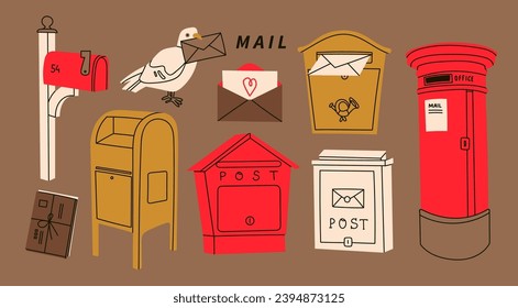 Mailboxes, Postal letterboxes set. Different postboxes, envelope with mail, pigeon, postcard. Hand drawn modern Vector illustration. Isolated design elements. Delivery, message, communication concept