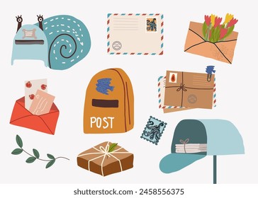 Mailboxes, Postal letterboxes set. Different postboxes, envelope with mail, label, plant. Hand drawn modern Vector illustration. Isolated design elements. Delivery, message, communication concept