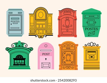 Mailboxes, Postal vintage letterboxes in various colors set. Different postboxes, mail. Postal service and communication concept. Hand drawn modern vector illustration isolated on background 