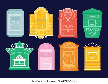 Mailboxes, Postal vintage letterboxes in various colors set. Different postboxes, mail. Postal service and communication concept. Hand drawn modern vector illustration isolated on background 