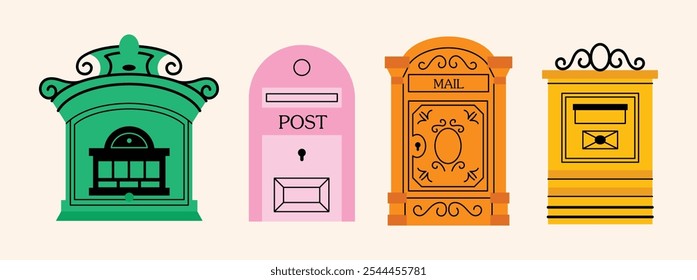 Mailboxes, Postal vintage letterboxes in various colors set. Different postboxes, mail. Postal service and communication concept. Hand drawn modern vector illustration isolated on background 