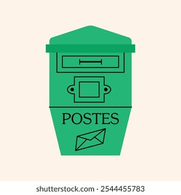 Mailboxes, Postal vintage letterboxes in various colors set. Different postboxes, mail. Postal service and communication concept. Hand drawn modern vector illustration isolated on background 