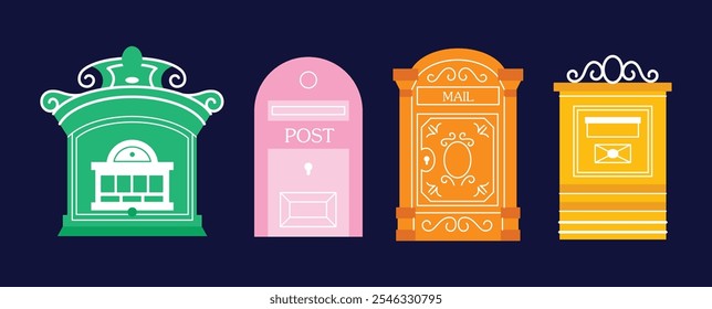 Caixas de correio, caixas de correio vintage Postal em várias cores definidas. Caixas postais diferentes, e-mail. Conceito de serviço postal e comunicação. Desenhado à mão ilustração vetorial moderna isolada no fundo 