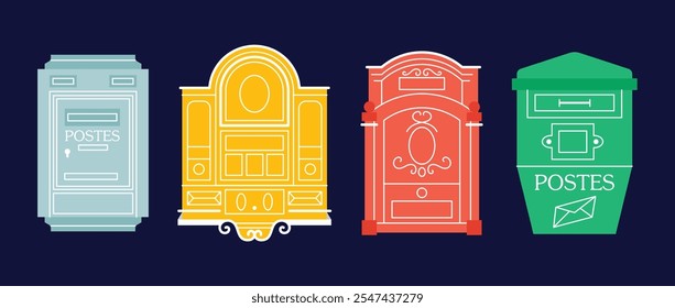 Mailboxes, Postal vintage letterboxes in various colors set. Different postboxes, mail. Postal service and communication concept. Hand drawn modern vector illustration isolated on background 