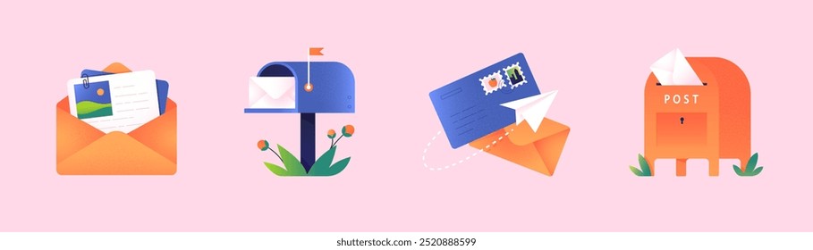 Mailboxes, postboxes, envelopes with mail set. Various letterboxes, letters. Postal service, correspondence collection. Inbox mail, post. Design elements. Isolated flat vector illustration