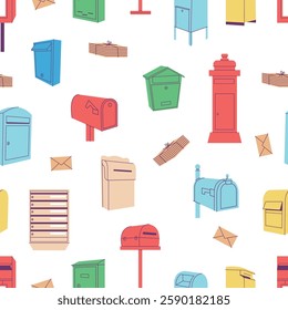 Mailboxes seamless pattern. Post office, delivery service boxes, pile of letters. Decorative print for fabric, website backdrop design, vector background