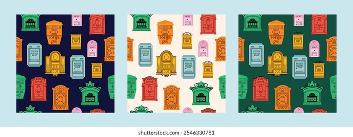 Mailboxes seamless pattern Postal vintage letterboxes in various colors set. Different postboxes, mail. Postal service and communication concept. Hand drawn vector illustration isolated on background 