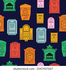 Mailboxes seamless pattern Postal vintage letterboxes in various colors set. Different postboxes, mail. Postal service and communication concept. Hand drawn vector illustration isolated on background 