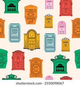 Caixas de correio padrão sem emenda Postal vintage letterboxes em várias cores definidas. Caixas postais diferentes, e-mail. Conceito de serviço postal e comunicação. Ilustração de vetor desenhada à mão isolada no plano de fundo 