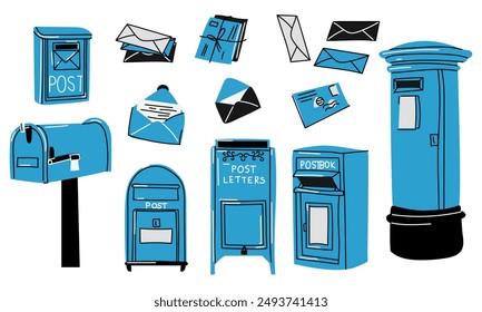 Mailboxes, set of mailboxes for blue letters. Various mailboxes, an envelope with mail, a postcard. Modern hand-drawn vector illustration. Individual design elements. Delivery, message, communication