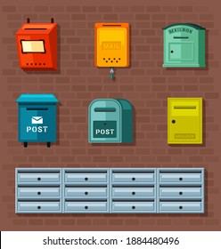 Mailboxes set. Red container for paper correspondence green boxes for receiving and sending letters numerous metal closed sections individual for each apartment. Cartoon information vector.