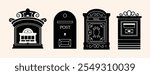 Mailboxes silhouet, Postal vintage letterboxes set. Different postboxes, mail. Postal service and communication concept. Hand drawn modern vector illustration isolated on background 