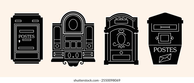 Silhueta de caixas de correio, conjunto de caixas postais vintage. Caixas postais diferentes, e-mail. Conceito de serviço postal e comunicação. Desenhado à mão ilustração vetorial moderna isolada no fundo 