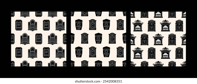 Mailboxes silhouet seamless pattern, Postal vintage letterboxes set. Different postboxes, mail. Postal service and communication concept. Hand drawn modern vector illustration isolated on background