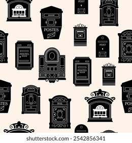 Mailboxes silhouet seamless pattern, Postal vintage letterboxes set. Different postboxes, mail. Postal service and communication concept. Hand drawn modern vector illustration isolated on background