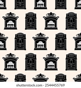 Mailboxes silhouet seamless pattern, Postal vintage letterboxes set. Different postboxes, mail. Postal service and communication concept. Hand drawn modern vector illustration isolated on background
