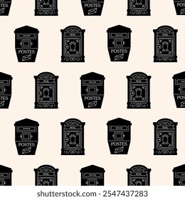 Mailboxes silhouet seamless pattern, Postal vintage letterboxes set. Different postboxes, mail. Postal service and communication concept. Hand drawn modern vector illustration isolated on background