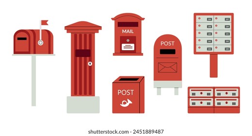 Conjunto de Vectores de buzones. Buzón postal colgado en la pared o pilar para la entrega de la carta enviada por correo. Ilustración vectorial en estilo dibujado a mano. Entrega, mensaje, concepto de comunicación.