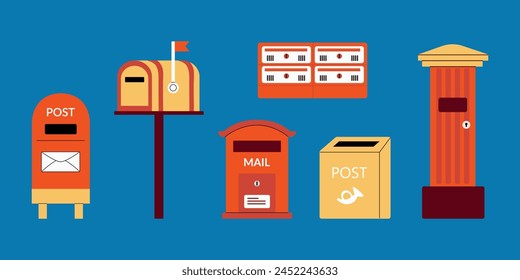Mailboxes vector set. Postal mailing letterbox hanged on wall or pillar for delivery mailed letter.Vector illustration in hand drawn style. Delivery, message, communication concept. Blue background.