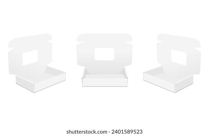 Mailer Boxes With Holes. Box With Window. Front, Side View. Vector Illustration