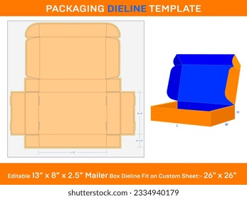Mailer Paper Box, Dieline Template, 13 x 8 x 2.5 inch, 