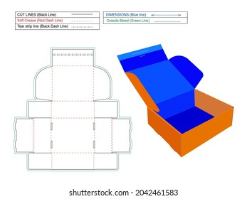 Mailer Paper Box With Front Side Adhesive Tape And Tear Stripe Dieline Template With 3D Box