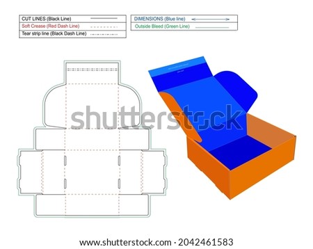 Mailer paper box with front side adhesive tape and tear stripe dieline template with 3D box