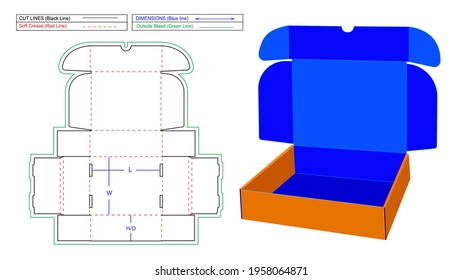 Mailer subscription box with flap groove notches Corrugated shipping 2 roll end box vector dieline template and 3D vector render file.