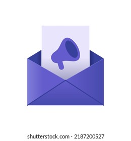 Mailing advertising 3d email purple envelope with attached file with megaphone symbol vector illustration