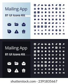 Mailing app glyph ui icons kit for dark, light mode. Communication technology. Silhouette symbols for night, day themes. Solid pictograms. Vector isolated illustrations