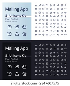 Kit de iconos ui lineales perfectos para píxeles de aplicación por correo para el modo oscuro y claro. Comunicación. Describe los elementos de interfaz de usuario aislados para temas nocturnos y diurnos. Trazo editable. Fuente de Poppins utilizada