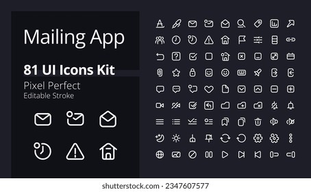 Mailing app pixel perfect white linear ui icons kit for dark theme. Communication technology. Isolated user interface symbols for night mode. Vector line pictograms. Editable stroke. Poppins font used