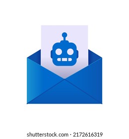Mailing auto bot advertising 3d email blue envelope with attached file with robot symbol vector illustration