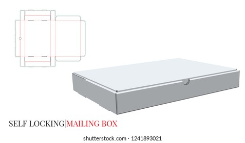 Mailing Box Template, Delivery Box, Vector with die cut, laser cut layers. Self Lock Box, Cut and Fold. White, clear, blank, isolated Box mock up, white background, perspective view. Packaging Design