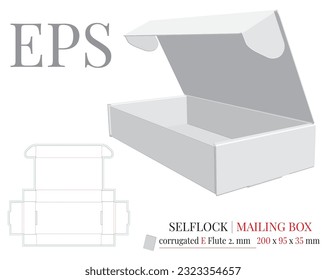 Mailing Box Template, Delivery Box, Vector with die cut, laser cut layers. Self Lock Box, Cut and Fold. White, clear, blank Box mock up isolated on white background, perspective view. Packaging Design