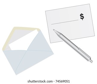 Mailing envelope with cash a check. Vector illustration