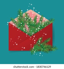 Mailing envelope with fir branches and snowflakes. New Year card, festive banner. Vector illustration.