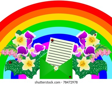 Mailing envelope with the seal and form a congratulatory letter on the background of the rainbow and bouquets of flowers