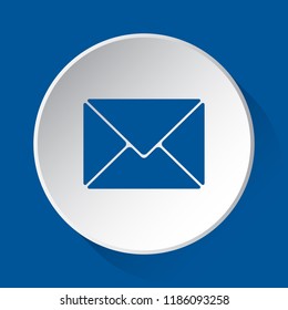 mailing envelope - simple blue icon on white button with shadow in front of blue square background