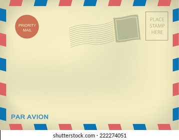 Mailing enveloper par avion template with blank stamps on aged textured paper