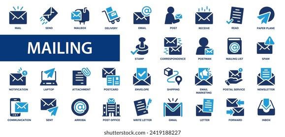 Mailing flat icons set. Mail, send, spam, email, shipping, mailbox, postman, letter icons and more signs. Flat icon collection.