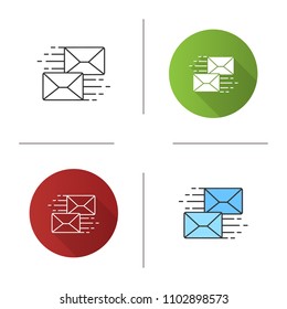 Mailing icon. Correspondence. Flying envelopes. Messenger. Email. Flat design, linear and color styles. Isolated vector illustrations
