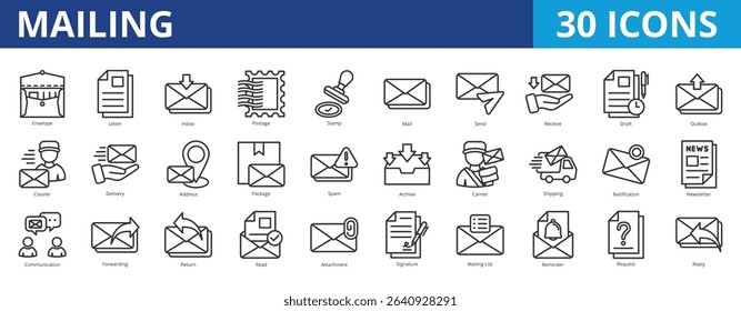 Mailing icon pack collection set with letter, send, receive, delivery, address, , business, information, package, archive, shipping, notification, communication, discussion, document, administration
